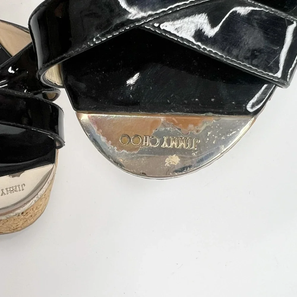 JIMMY CHOO Black Pandora Patent Leather Cork Wedge Platform Sandals 7 (37)
